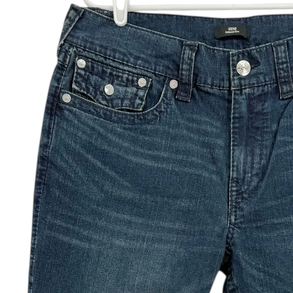 True Religion Men's Geno Relaxed Slim Big T Blue Denim Jeans 36x32 NWT $199.00